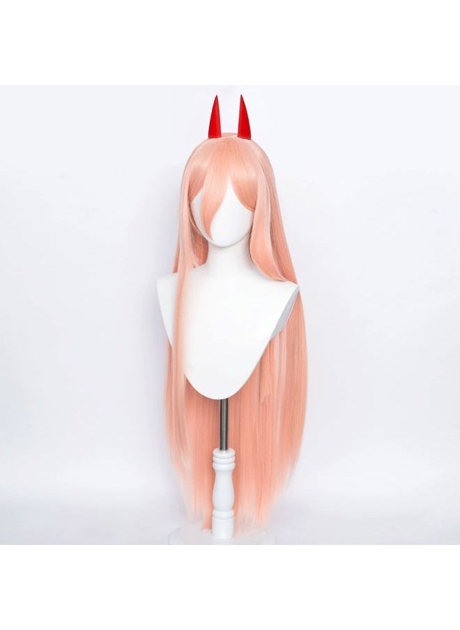 Probeauty - Pink Power Cosplay Wig with Two Horns, Women Update Long Straight Anime Halloween Wig (Pink Orange) - Image 1