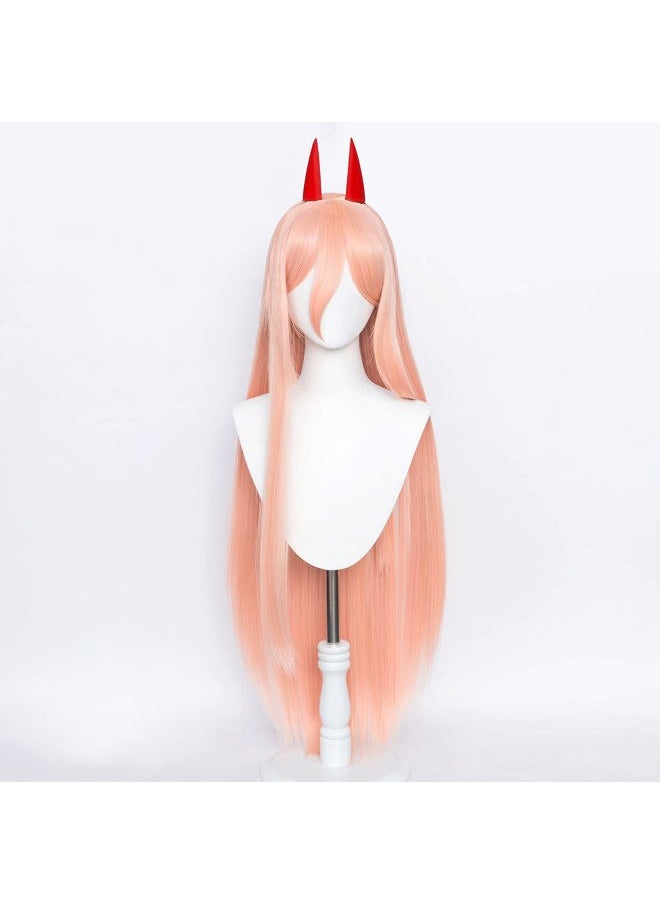 Probeauty - Pink Power Cosplay Wig with Two Horns, Women Update Long Straight Anime Halloween Wig (Pink Orange) - Image 1