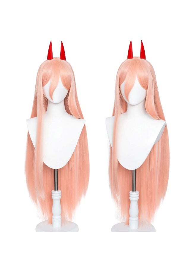 Probeauty - Pink Power Cosplay Wig with Two Horns, Women Update Long Straight Anime Halloween Wig (Pink Orange) - Image 1