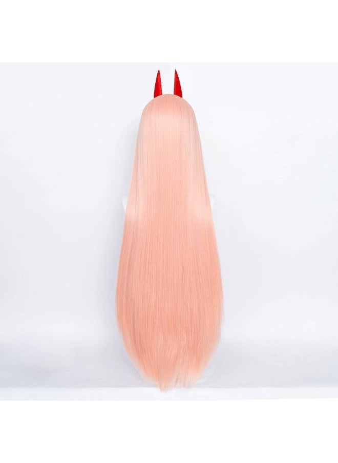 Probeauty - Pink Power Cosplay Wig with Two Horns, Women Update Long Straight Anime Halloween Wig (Pink Orange) - Image 1