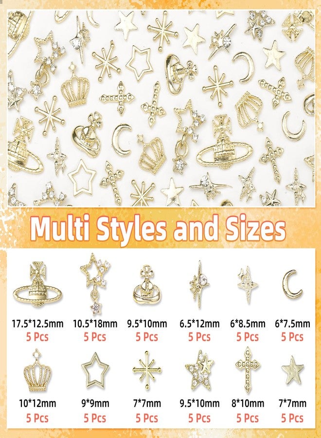 Uotey 2 Boxes Gold Star Nail Charms and Gems, Dangle Stars Nails Charms Crown Cross Alloy Nail Gold Charm, Mixed Star Saturn Butterfly Nails Art Studs DIY Accessories Y2k with Pickup Tool - Image 2