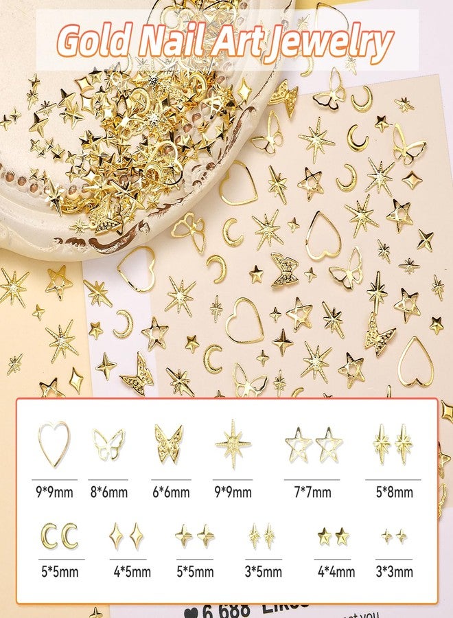 Uotey 2 Boxes Gold Star Nail Charms and Gems, Dangle Stars Nails Charms Crown Cross Alloy Nail Gold Charm, Mixed Star Saturn Butterfly Nails Art Studs DIY Accessories Y2k with Pickup Tool - Image 3