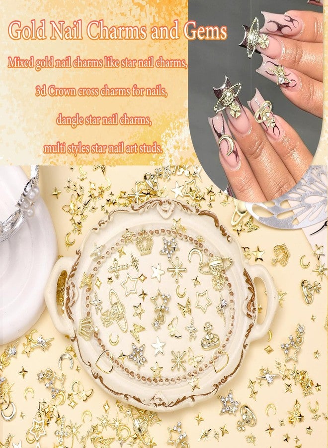 Uotey 2 Boxes Gold Star Nail Charms and Gems, Dangle Stars Nails Charms Crown Cross Alloy Nail Gold Charm, Mixed Star Saturn Butterfly Nails Art Studs DIY Accessories Y2k with Pickup Tool - Image 4