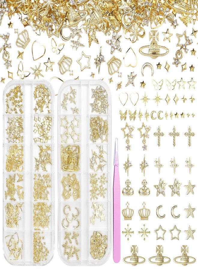 Uotey 2 Boxes Gold Star Nail Charms and Gems, Dangle Stars Nails Charms Crown Cross Alloy Nail Gold Charm, Mixed Star Saturn Butterfly Nails Art Studs DIY Accessories Y2k with Pickup Tool - Image 1