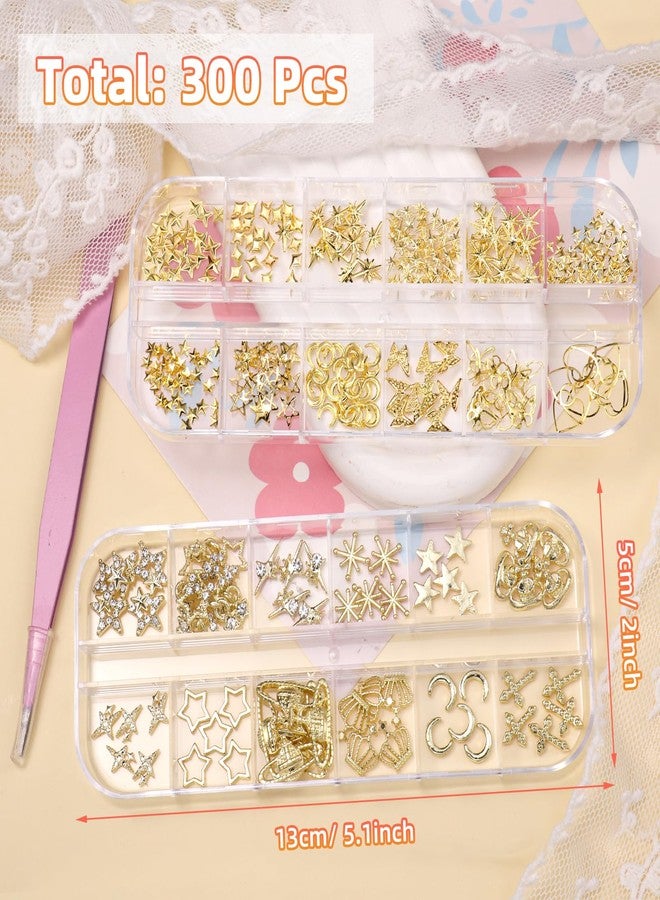Uotey 2 Boxes Gold Star Nail Charms and Gems, Dangle Stars Nails Charms Crown Cross Alloy Nail Gold Charm, Mixed Star Saturn Butterfly Nails Art Studs DIY Accessories Y2k with Pickup Tool - Image 5