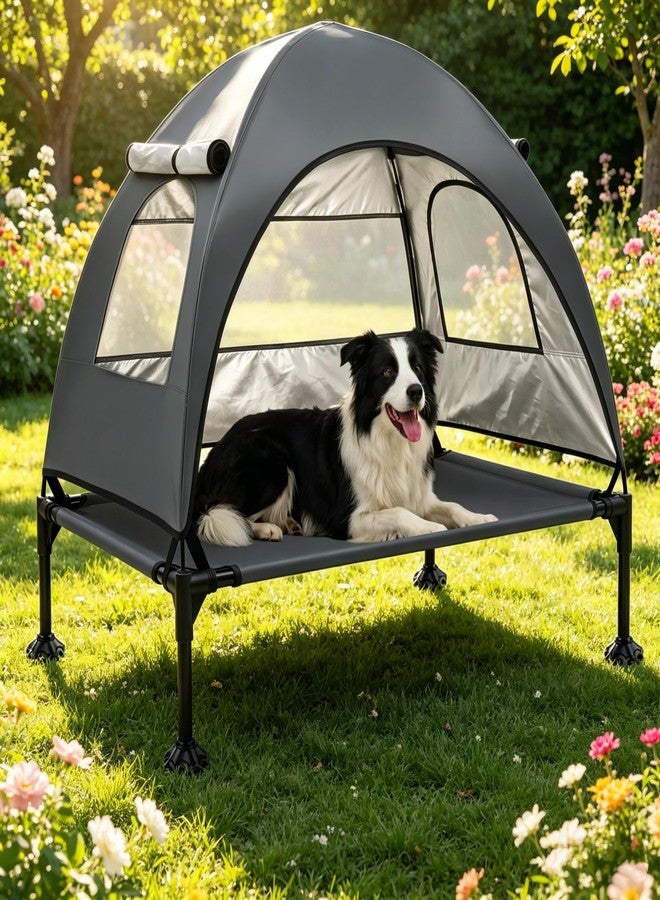 Iriisy سرير مرتفع للكلاب، سرير مرتفع كبير للكلاب مع مظلة قابلة للإزالة للكلاب الكبيرة، خيمة خارجية محمولة للحيوانات الأليفة مع شبكة تسمح بالتهوية للتخييم والشاطئ والفناء (رمادي داكن، 42 بوصة طول × 30 بوصة عرض × 33 بوصة ارتفاع) - Image 1