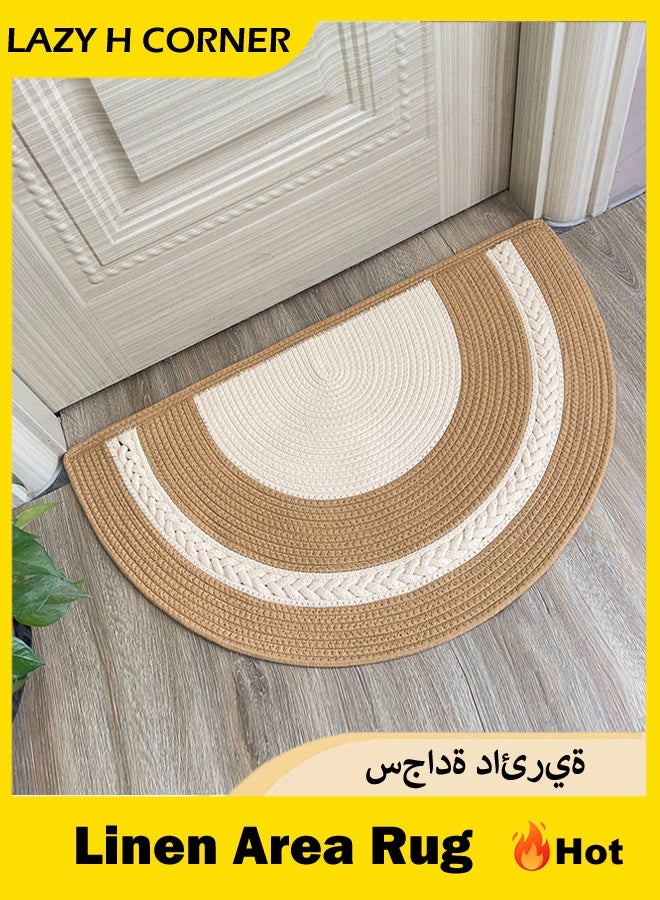 LAZY H CORNER Bohemian Half-Circle Linen Outdoor Door Mats - Washable 80 cm 90 cm Soft & Comfortable in Beige Tone Patchwork for Entryway Home Entrance - Image 1