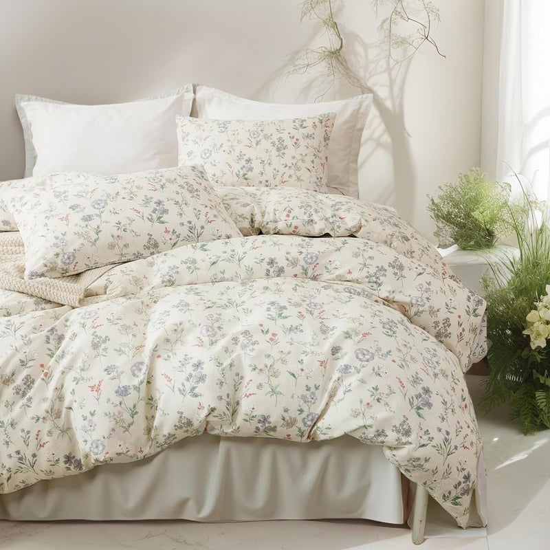 EAVD Vintage Garden Floral Duvet Cover Queen Soft 100 Cotton Chic Shabby Floral Bedding Set with 2 Pillowcases Fresh Reversible Botanical Comforter Cover with Zipper Closure