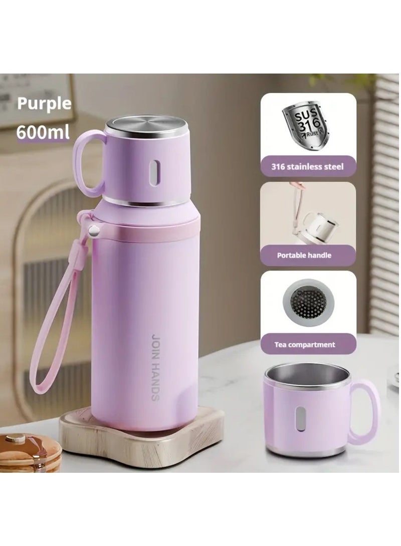 Hihonor BPA-Free Stainless Steel Water Bottle with Mug Lid, Leakproof Double Vacuum Insulated Flask, Portable for Camping and Hiking, Hot 8Hrs/Cold 24Hrs, Durable Reusable Jug with Rope Handle (Purple)  - Image 1