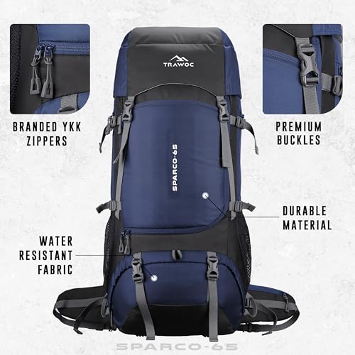 TRAWOC SPARCO 65L Travel Backpack Hiking Trekking Bag Camping Rucksack for Men & Women, Rain Cover/Shoe Compartment HK009, Navy Blue 3 Year Warranty - Image 2