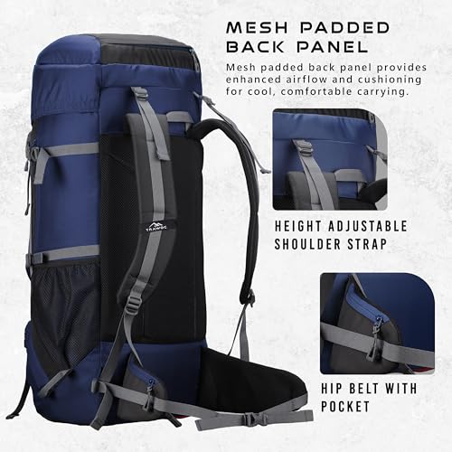 TRAWOC SPARCO 65L Travel Backpack Hiking Trekking Bag Camping Rucksack for Men & Women, Rain Cover/Shoe Compartment HK009, Navy Blue 3 Year Warranty - Image 3