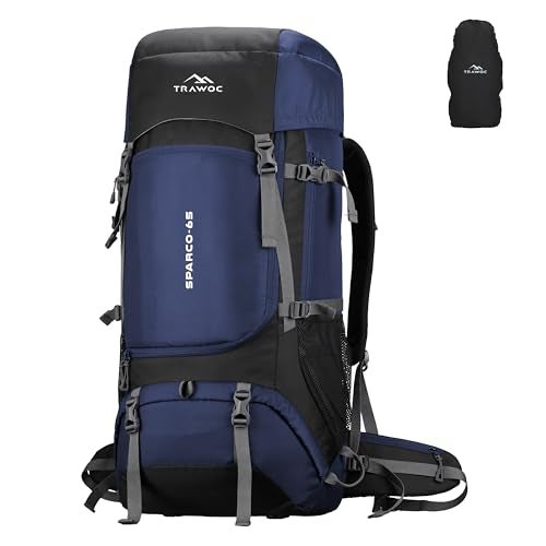 TRAWOC SPARCO 65L Travel Backpack Hiking Trekking Bag Camping Rucksack for Men & Women, Rain Cover/Shoe Compartment HK009, Navy Blue 3 Year Warranty - Image 1