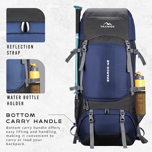 TRAWOC SPARCO 65L Travel Backpack Hiking Trekking Bag Camping Rucksack for Men & Women, Rain Cover/Shoe Compartment HK009, Navy Blue 3 Year Warranty - Image 4