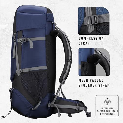 TRAWOC SPARCO 65L Travel Backpack Hiking Trekking Bag Camping Rucksack for Men & Women, Rain Cover/Shoe Compartment HK009, Navy Blue 3 Year Warranty - Image 5