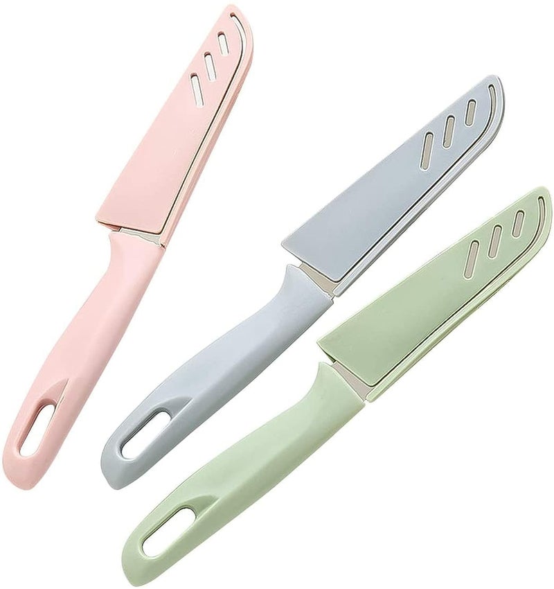 Fruit Knife, 3 Pieces New Sharp and Durable Mini Kitchen Knives with Protective Cover, Suitable for Most Vegetables, Fruits and Meat (rose, blue, green) - Image 1
