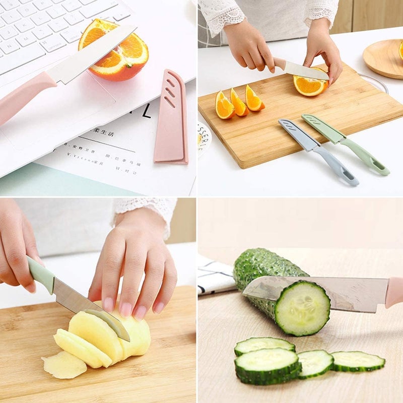 Fruit Knife, 3 Pieces New Sharp and Durable Mini Kitchen Knives with Protective Cover, Suitable for Most Vegetables, Fruits and Meat (rose, blue, green) - Image 2
