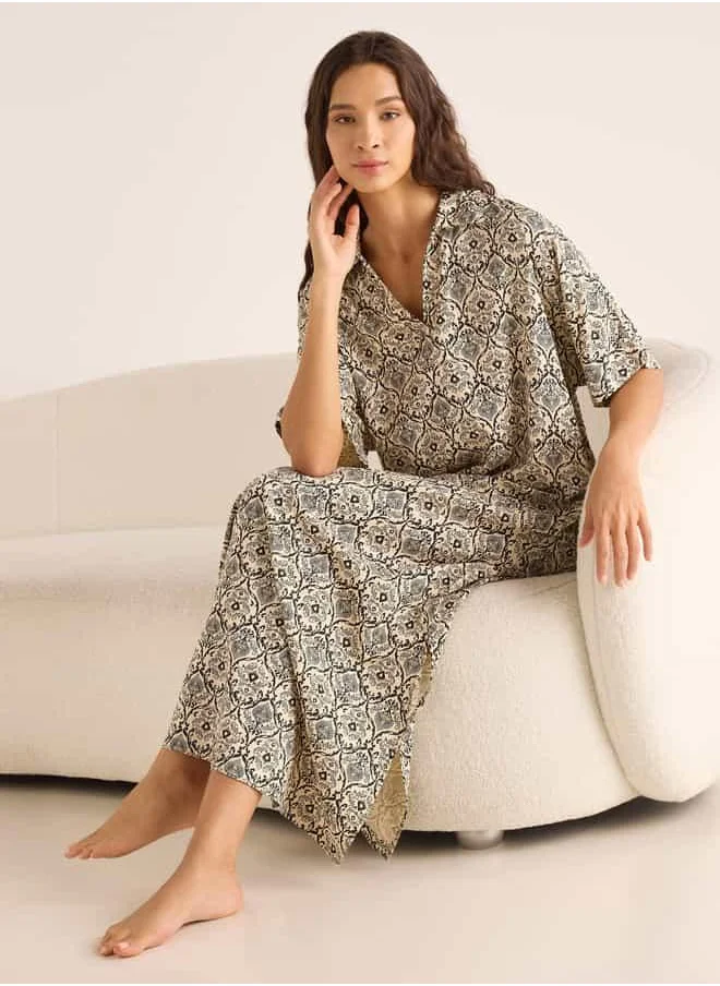 FAV Printed Night Dress with Collar and Short Sleeves