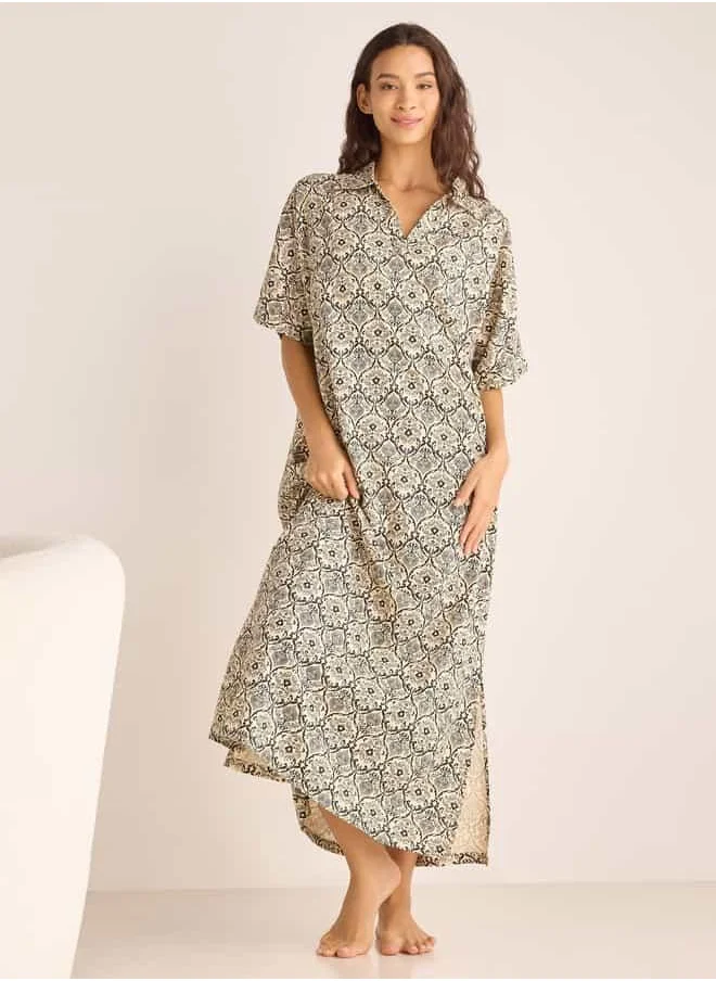 FAV Printed Night Dress with Collar and Short Sleeves