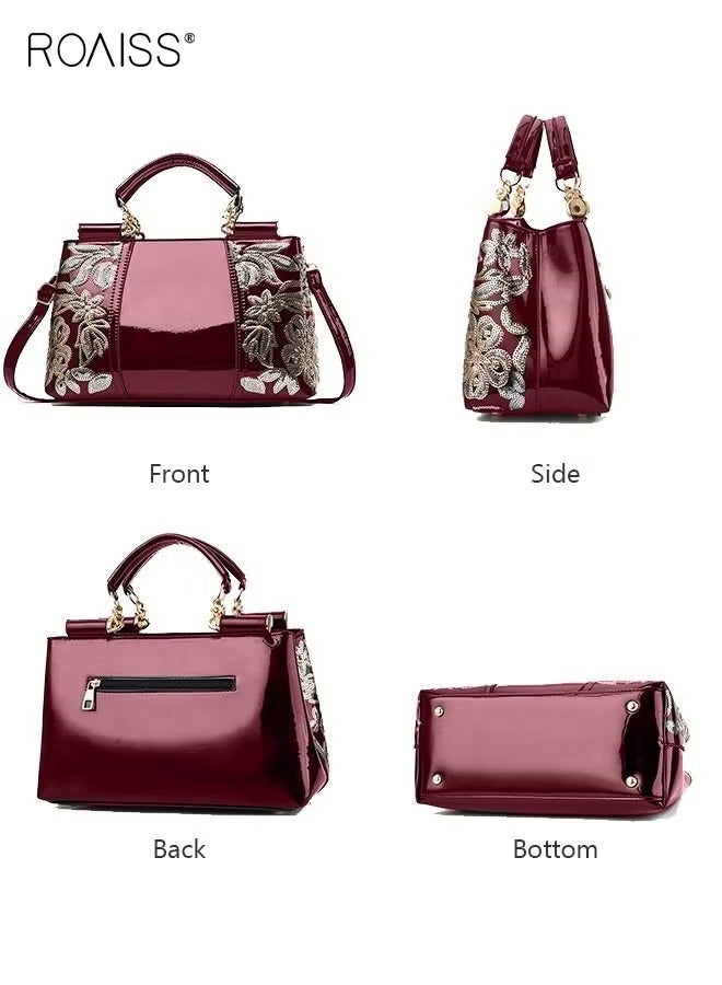 roaiss Women Patent Leather Floral Handbag, Elegant Burgundy Glossy Shoulder Bag, Luxury Inspired Tote Purse with Detachable Strap & Chain Accent, Stylish Top Handle Satchel for Dating, Party and Wedding, Wine Red - Image 3
