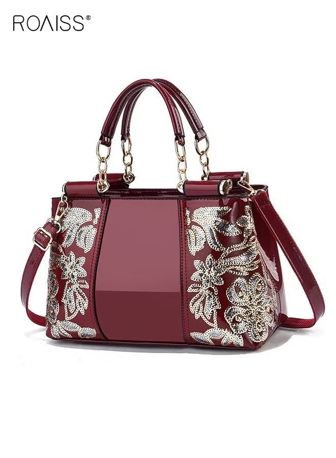 roaiss Women Patent Leather Floral Handbag, Elegant Burgundy Glossy Shoulder Bag, Luxury Inspired Tote Purse with Detachable Strap & Chain Accent, Stylish Top Handle Satchel for Dating, Party and Wedding, Wine Red - Image 2
