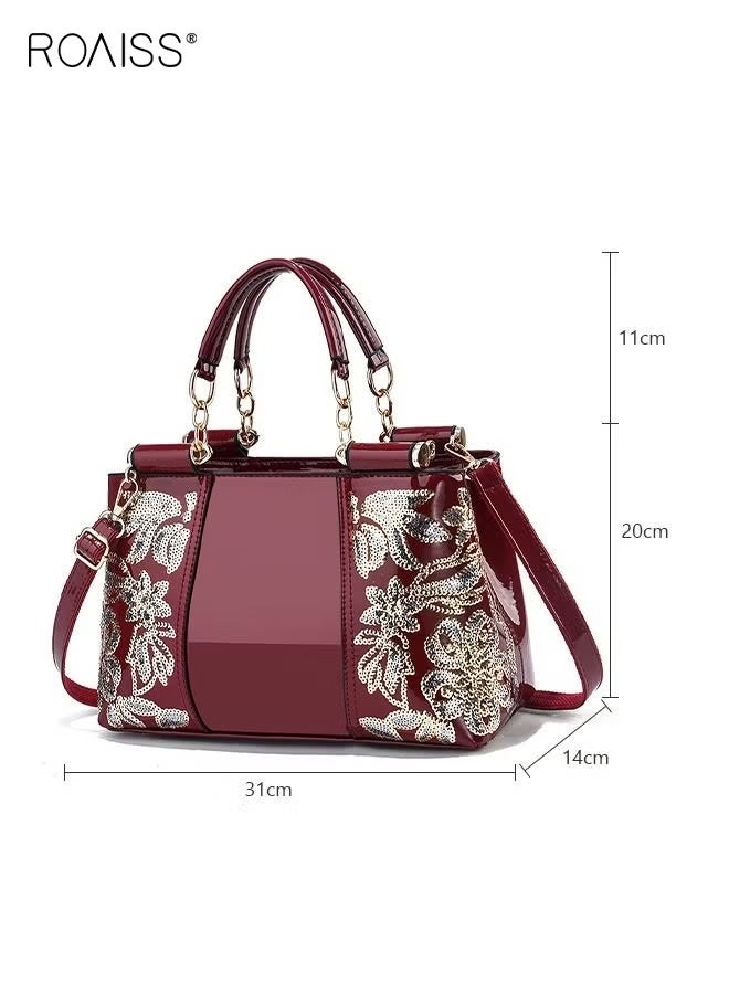 roaiss Women Patent Leather Floral Handbag, Elegant Burgundy Glossy Shoulder Bag, Luxury Inspired Tote Purse with Detachable Strap & Chain Accent, Stylish Top Handle Satchel for Dating, Party and Wedding, Wine Red - Image 4