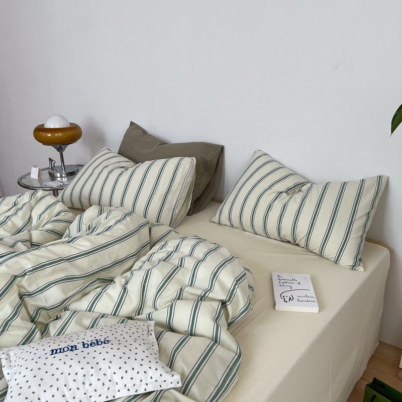 New Korean Dongdaemun Minajia Cotton Yarn-Dyed Washed Cotton Fabric Striped Four-Piece Set - Image 2