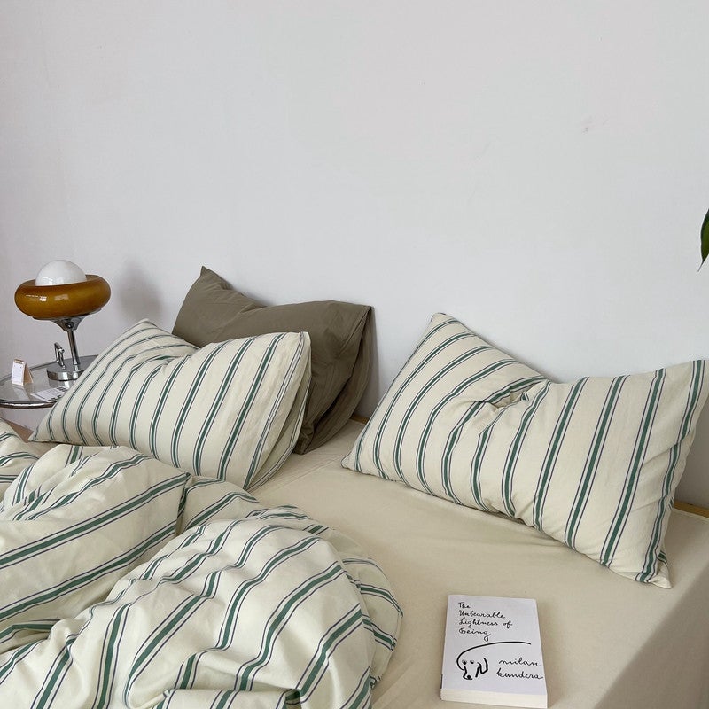New Korean Dongdaemun Minajia Cotton Yarn-Dyed Washed Cotton Fabric Striped Four-Piece Set - Image 3