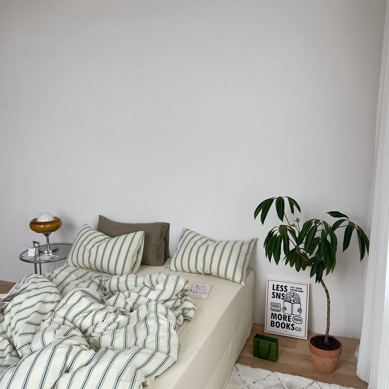 New Korean Dongdaemun Minajia Cotton Yarn-Dyed Washed Cotton Fabric Striped Four-Piece Set - Image 4