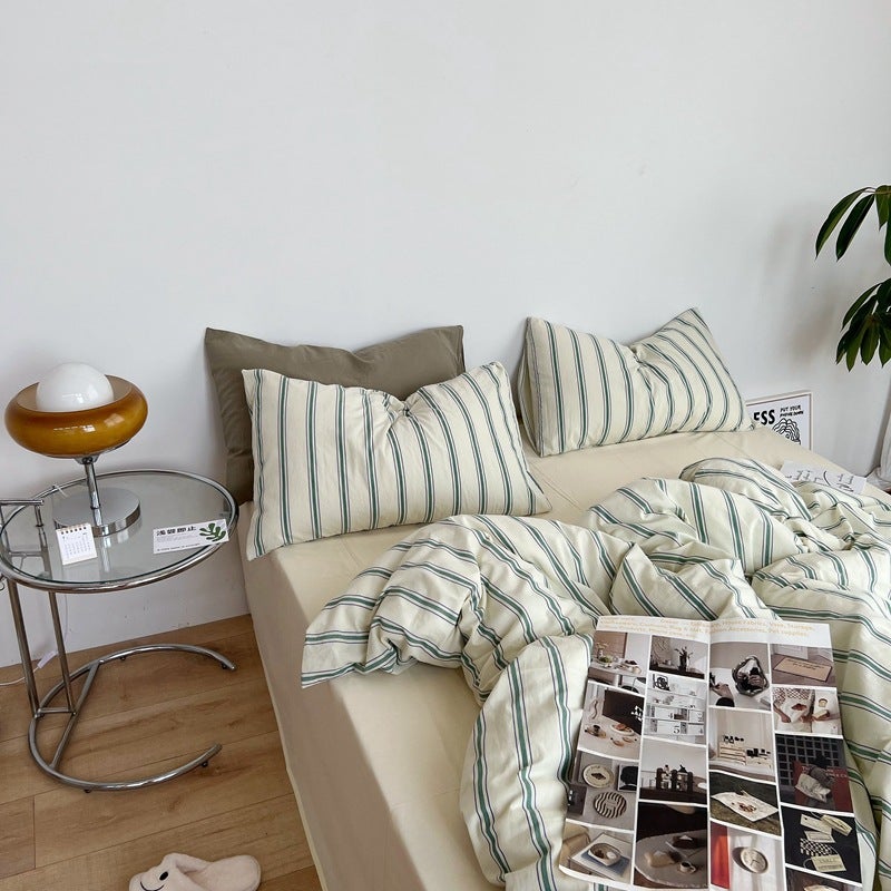 New Korean Dongdaemun Minajia Cotton Yarn-Dyed Washed Cotton Fabric Striped Four-Piece Set - Image 1