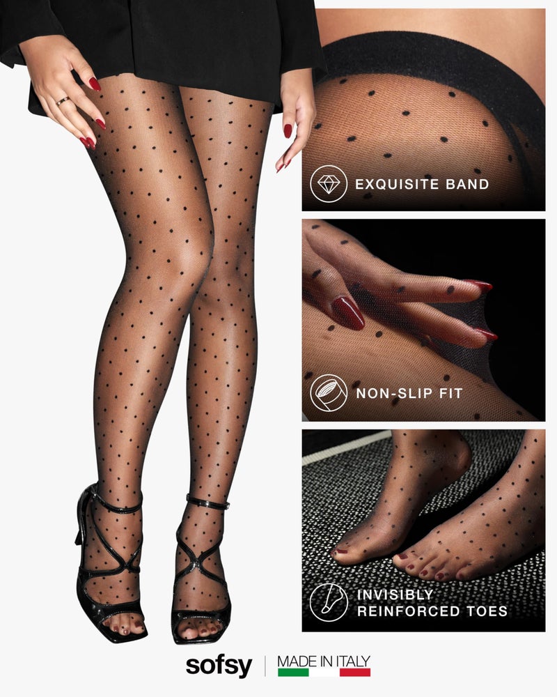 sofsy Silky Soft Black Polka Dot Tights for Women – Italian 20 Denier Sheer Nylon Pantyhose | High-Waist Comfort, Reinforced Toe - S - Image 4