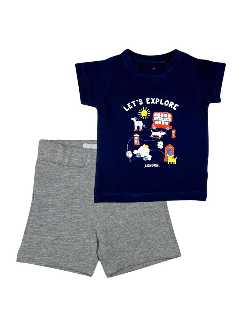 Baby Co. Navy Let's Explore Cotton Set (Navy t-shirt + Light grey Shorts) - Image 1