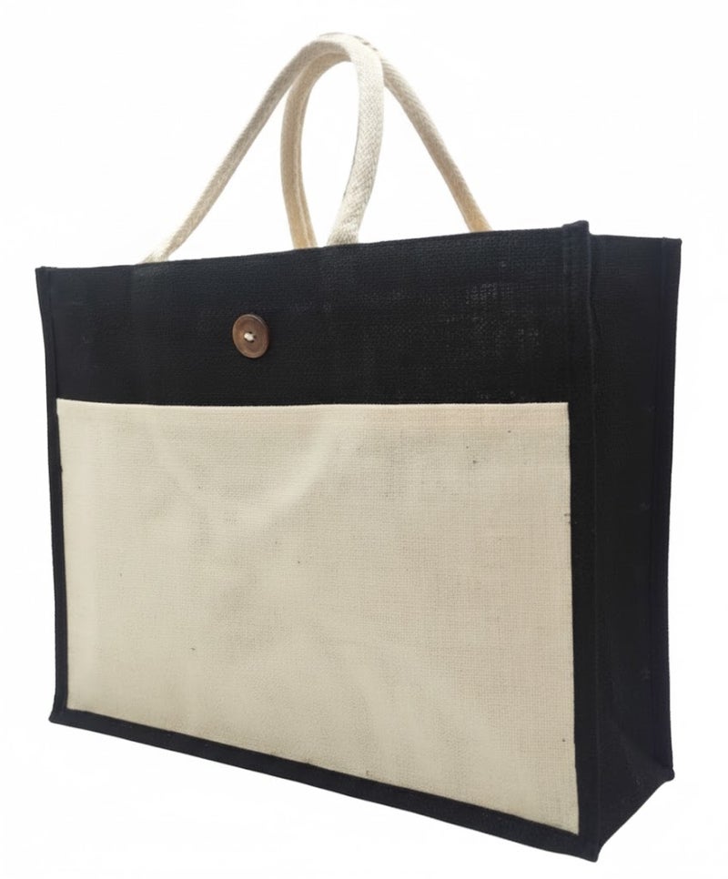 12 PIECES - Jute Shopping Tote Bag with Cotton Pocket,Two-Tone Button Closure (WITH BOTTON) 41 X 33 X 15 - Image 2