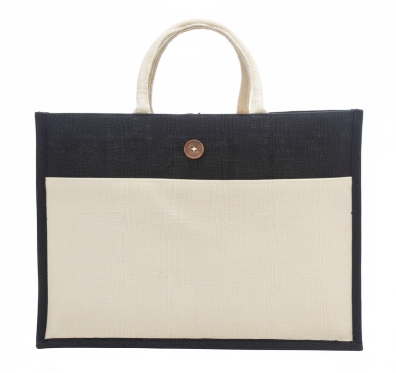 12 PIECES - Jute Shopping Tote Bag with Cotton Pocket,Two-Tone Button Closure (WITH BOTTON) 41 X 33 X 15 - Image 1