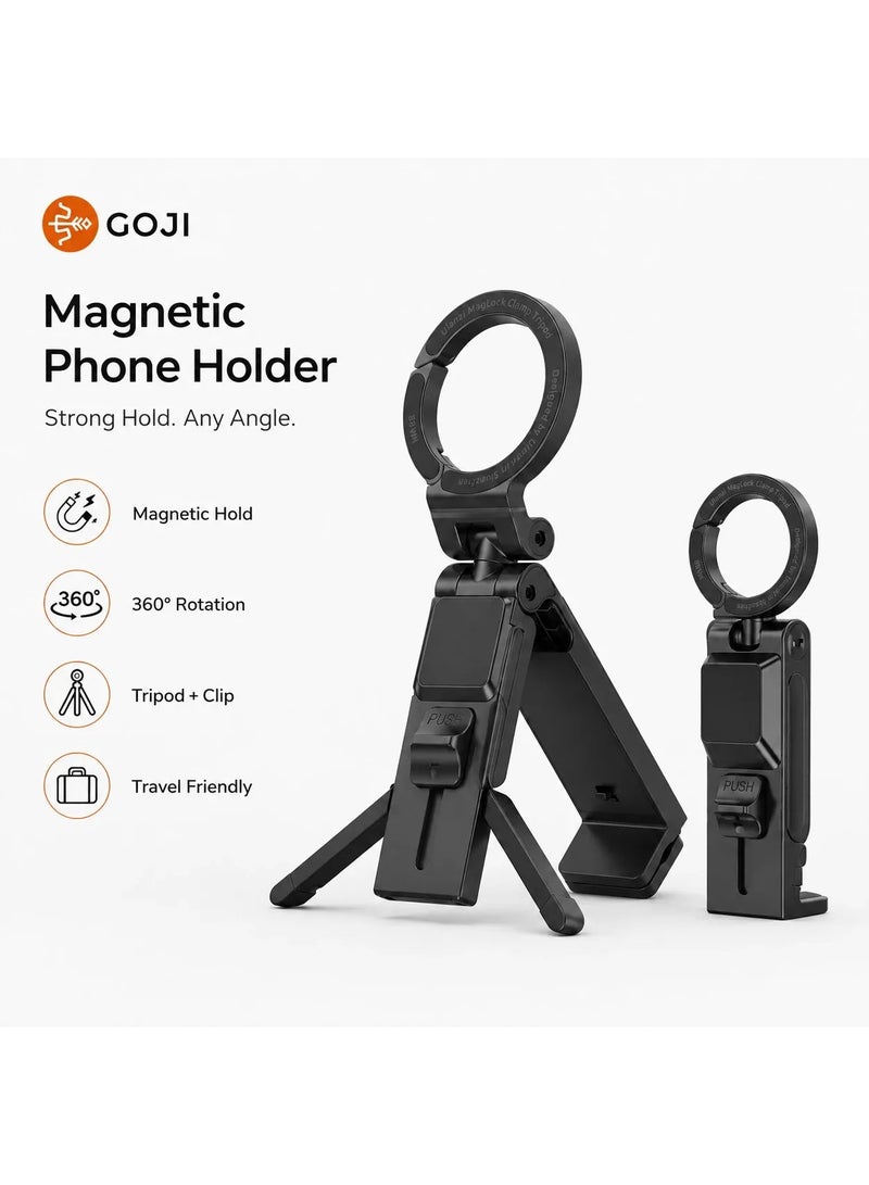 Goji 3-in-1 Magnetic Phone Holder Tripod Clamp Stand, 360° Adjustable Foldable - Image 2