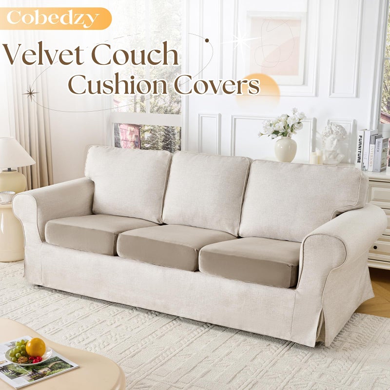 Cobedzy 3 Pcs Taupe Velvet Stretch Couch Cushion Cover, Soft Sofa Seat Cushion Covers, Sofa Cushion Slipcover with Elastic Bottom(Non-Slip & Anti-Scratch) - Image 2