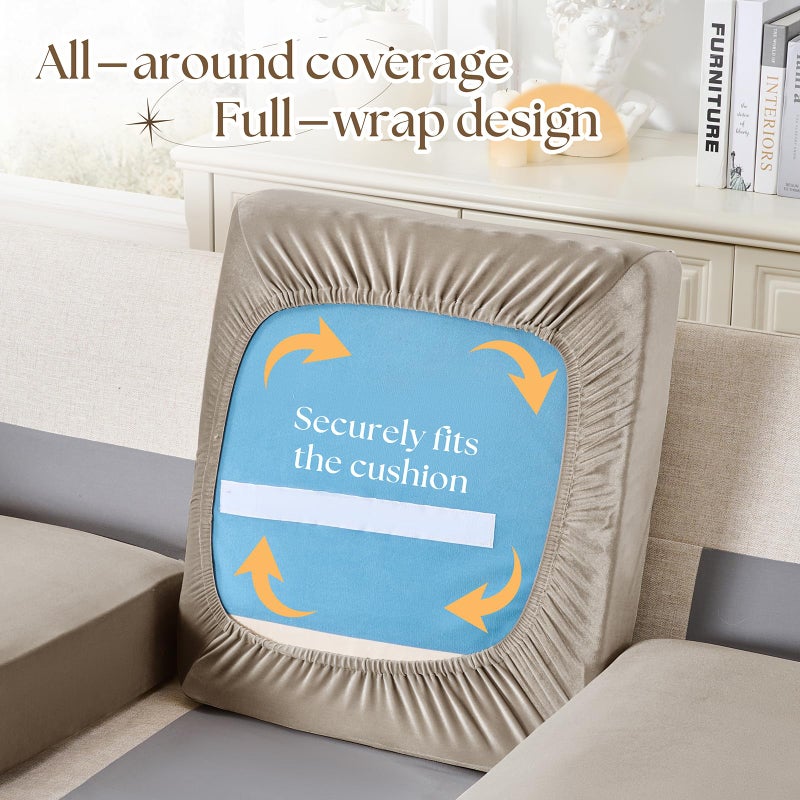Cobedzy 3 Pcs Taupe Velvet Stretch Couch Cushion Cover, Soft Sofa Seat Cushion Covers, Sofa Cushion Slipcover with Elastic Bottom(Non-Slip & Anti-Scratch) - Image 4