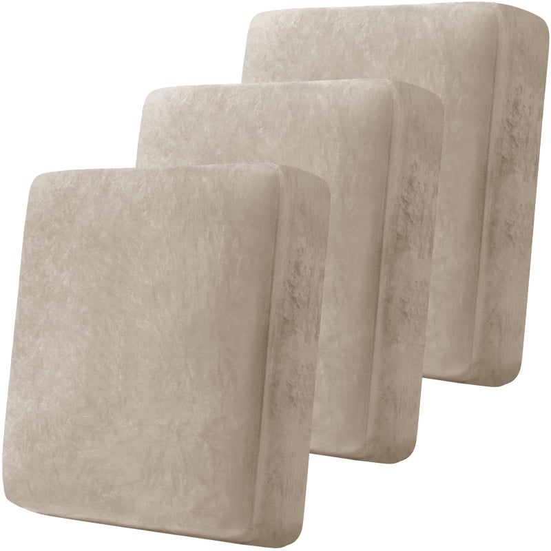 Cobedzy 3 Pcs Taupe Velvet Stretch Couch Cushion Cover, Soft Sofa Seat Cushion Covers, Sofa Cushion Slipcover with Elastic Bottom(Non-Slip & Anti-Scratch) - Image 1