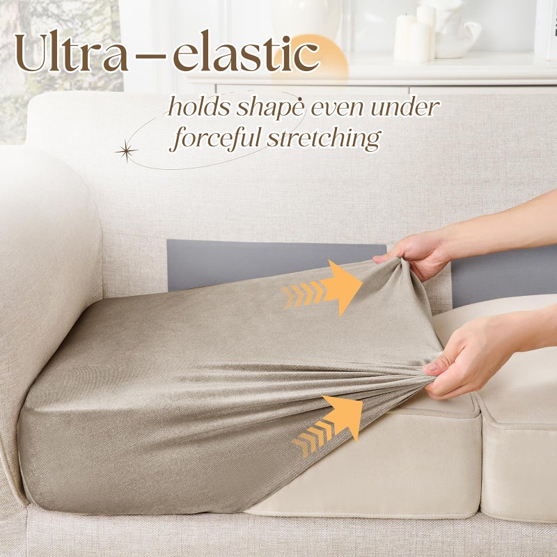 Cobedzy 3 Pcs Taupe Velvet Stretch Couch Cushion Cover, Soft Sofa Seat Cushion Covers, Sofa Cushion Slipcover with Elastic Bottom(Non-Slip & Anti-Scratch) - Image 5