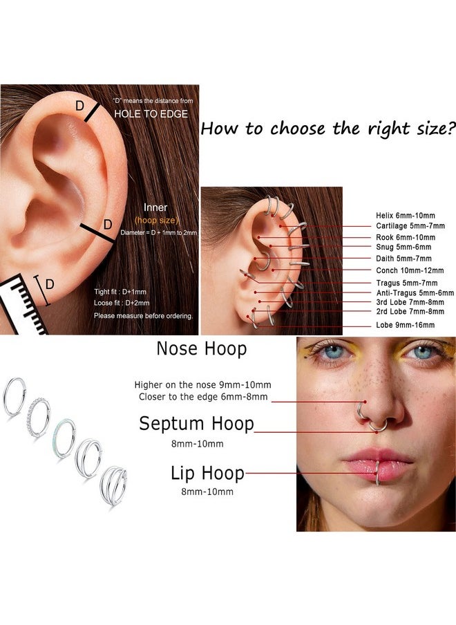 Thunaraz 18G 16G Nose Rings Hoop For Women Men Surgical Steel Septum Rings Cz Opal Cartilage Hoop Earrings Daith Conch Clicker Nose Rings Septum Body Piercing Jewelry 8Mm 10Mm  - Image 4