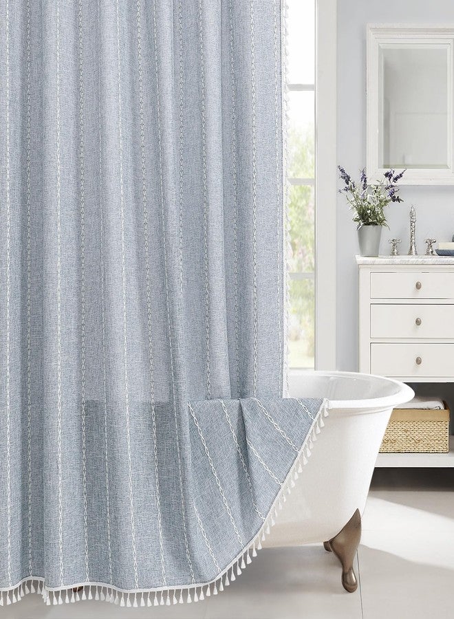 MitoVilla Boho Extra Long Shower Curtain 72 x 84, Blue 84 inch XL Polyester Linen Tassel Fabric Shower Curtain Set with Hooks for Vintage Country Farmhouse Bathroom Decor, Thick & Wrinkle Resistant - Image 1