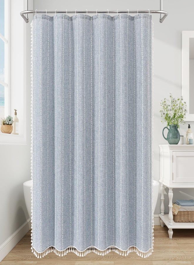 MitoVilla Boho Extra Long Shower Curtain 72 x 84, Blue 84 inch XL Polyester Linen Tassel Fabric Shower Curtain Set with Hooks for Vintage Country Farmhouse Bathroom Decor, Thick & Wrinkle Resistant - Image 2