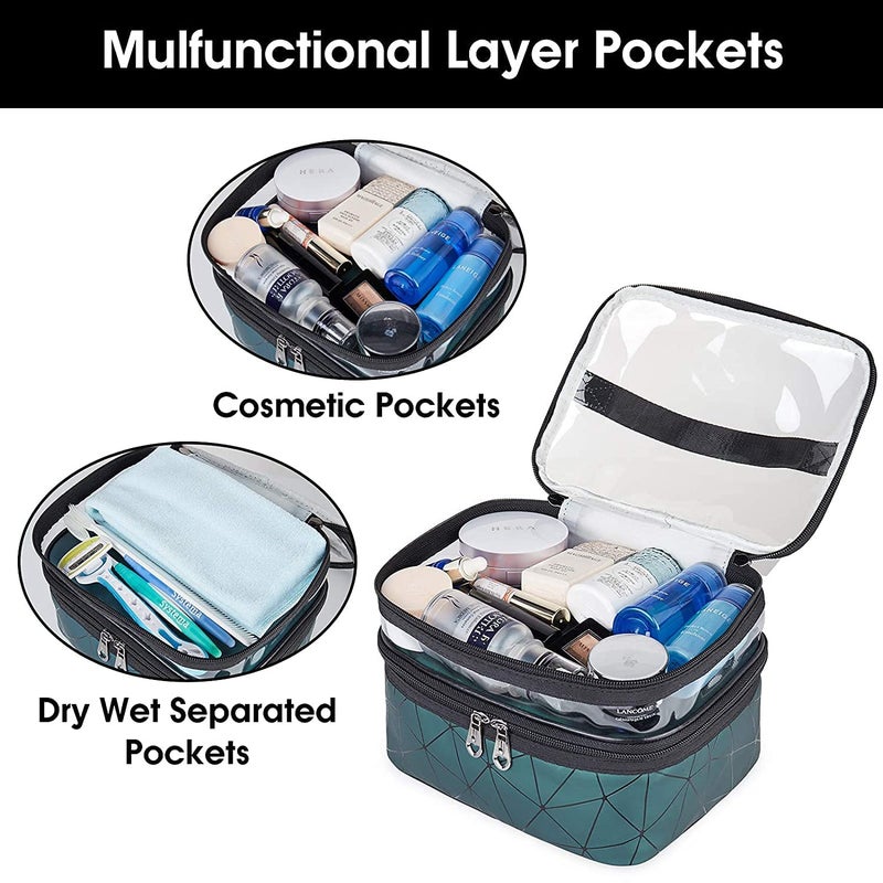 ERHETUS Luxury Double Layer Makeup Pouch for Women | Premium Cosmetic Bag for Girls | Toiletry Pouches Kit with Brush Holder | Travel Wash Bags and inner ware storage organizer - Green Diamond - Image 2
