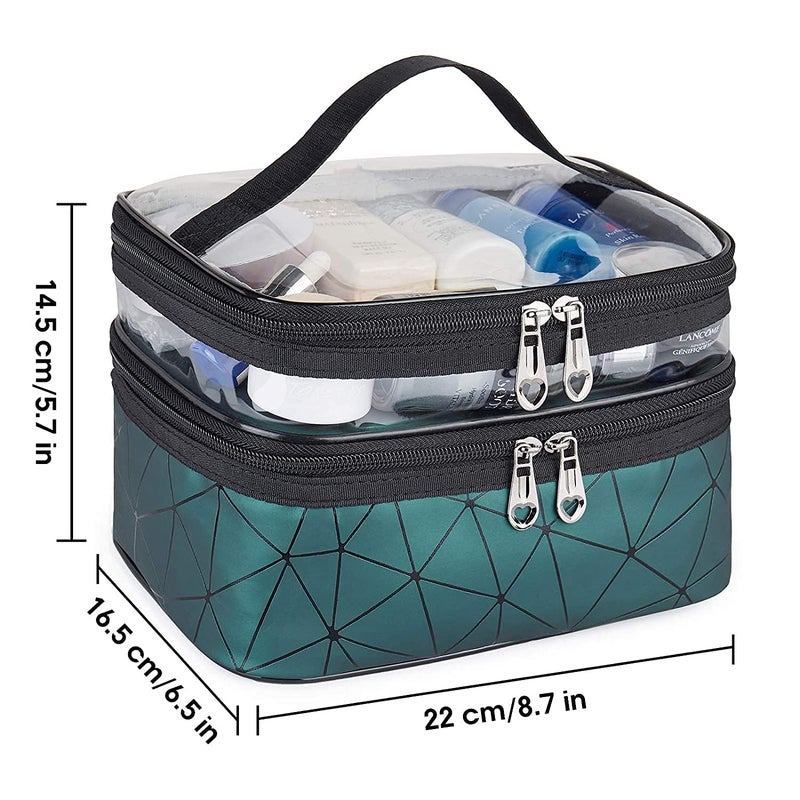 ERHETUS Luxury Double Layer Makeup Pouch for Women | Premium Cosmetic Bag for Girls | Toiletry Pouches Kit with Brush Holder | Travel Wash Bags and inner ware storage organizer - Green Diamond - Image 3