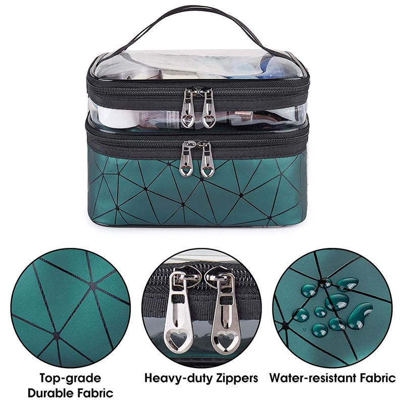 ERHETUS Luxury Double Layer Makeup Pouch for Women | Premium Cosmetic Bag for Girls | Toiletry Pouches Kit with Brush Holder | Travel Wash Bags and inner ware storage organizer - Green Diamond - Image 4
