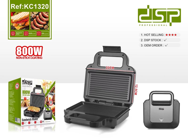 DSP Professional Sandwich Maker 800W, Panini Grill with Non-Stick Coating, Temperature Control and Cool Touch Handle, KC1320