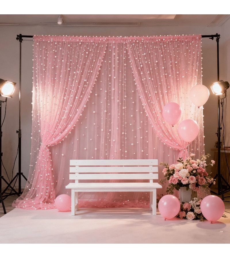 Champagne Pearl Rod Curtains 2pcs 63.5in Transparent Fluffy Arch Decor - Image 2