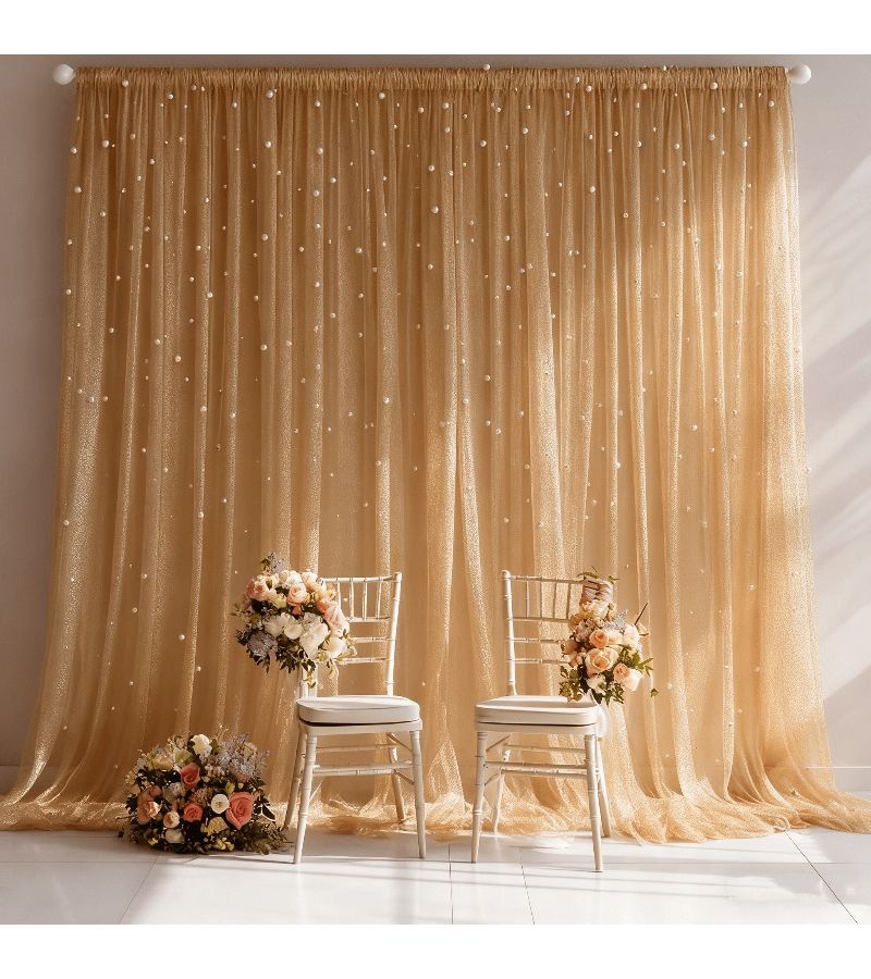 Champagne Pearl Rod Curtains 2pcs 63.5in Transparent Fluffy Arch Decor - Image 5