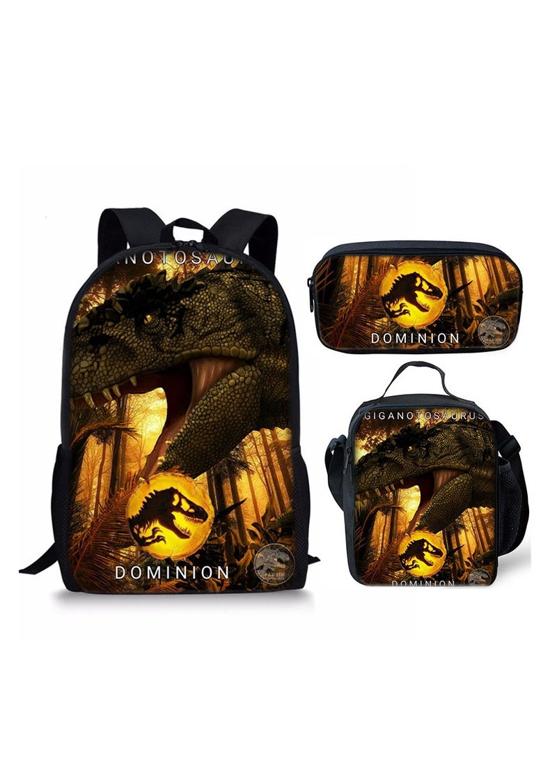JURASSIC WORLD New Jurassic Park Dinosaur Three piece Set with Large Capacity Backpack, Student School Bag, Lunch Bag, Pen Bag  - Image 1