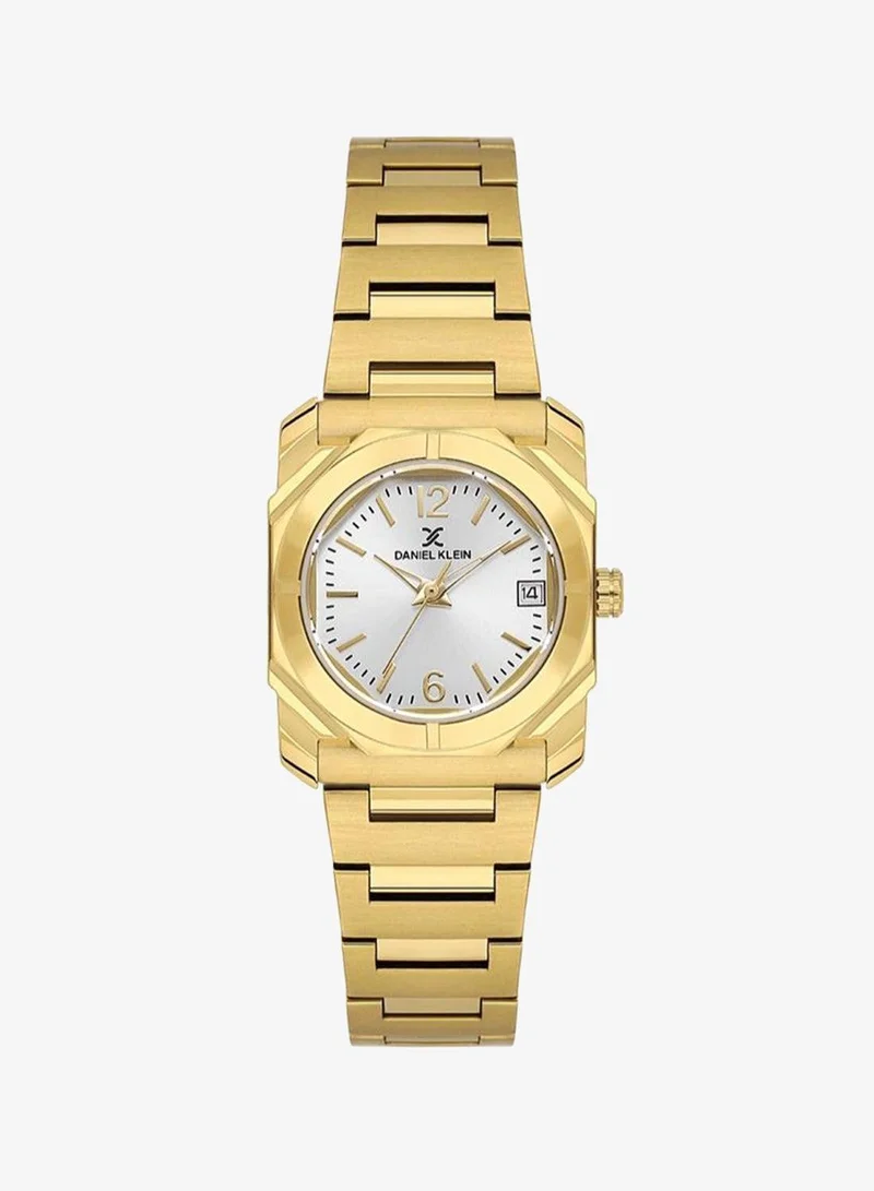 Daniel Klein Women's Stainless Steel Gold Brass Case Analog Silver Round Sunray Dial Japanese Quartz Premium 30 Meters Water Resistant