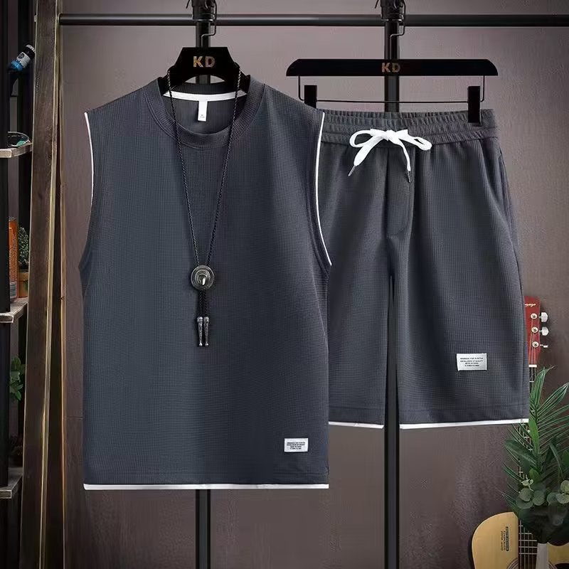 Ins Fashionable Vest Casual suit Simple Summer New Arrival Five-point Pants Fashionable Brand Popular Vest Mens Sleeveless T-Shirt Dark gray - Image 1